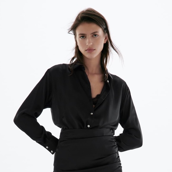 Zara Satin Effect Marsala button down shirt - in BLACK, size S small - Picture 3 of 4